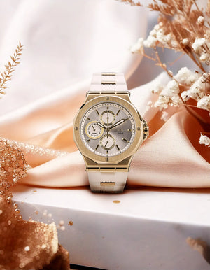 Qorum Evara Ladies Multi-function Watch - White Dial, Gold plated Stainless Steel Case, White silicon strap