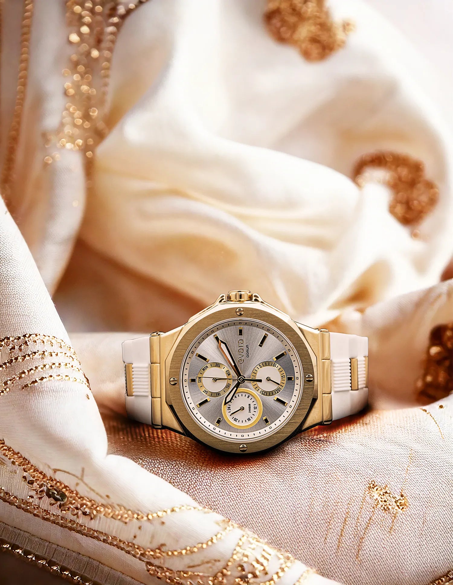 Qorum Evara Ladies Multi-function Watch – White Dial, Gold Plated Stainless Steel Case, White Silicon Strap