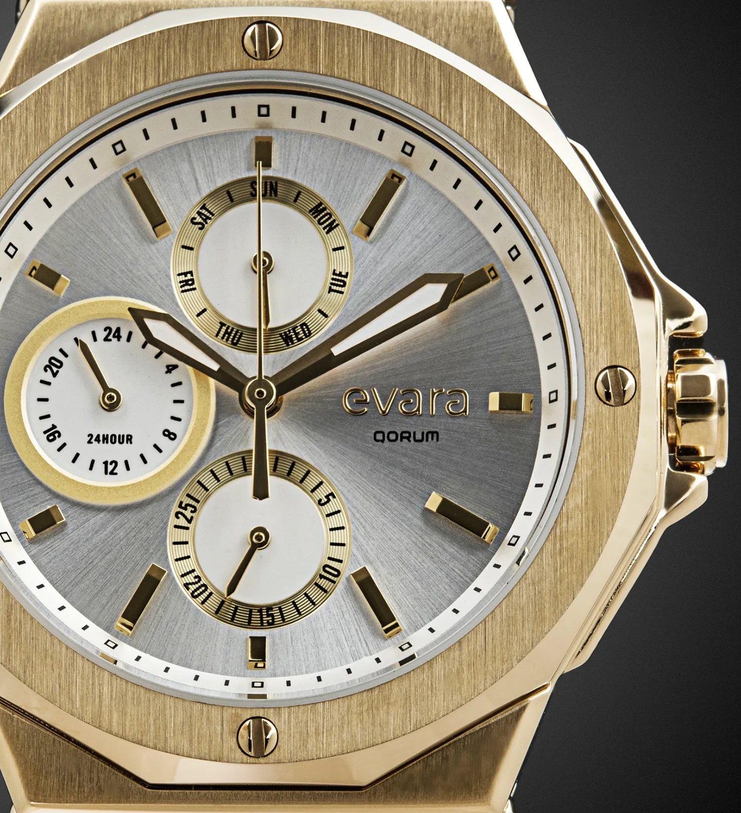 Qorum Evara Ladies Multi-function Watch – White Dial, Gold Plated Stainless Steel Case, White Silicon Strap