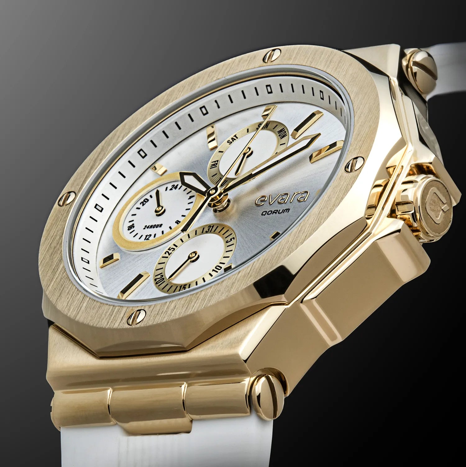 Qorum Evara Ladies Multi-function Watch – White Dial, Gold Plated Stainless Steel Case, White Silicon Strap