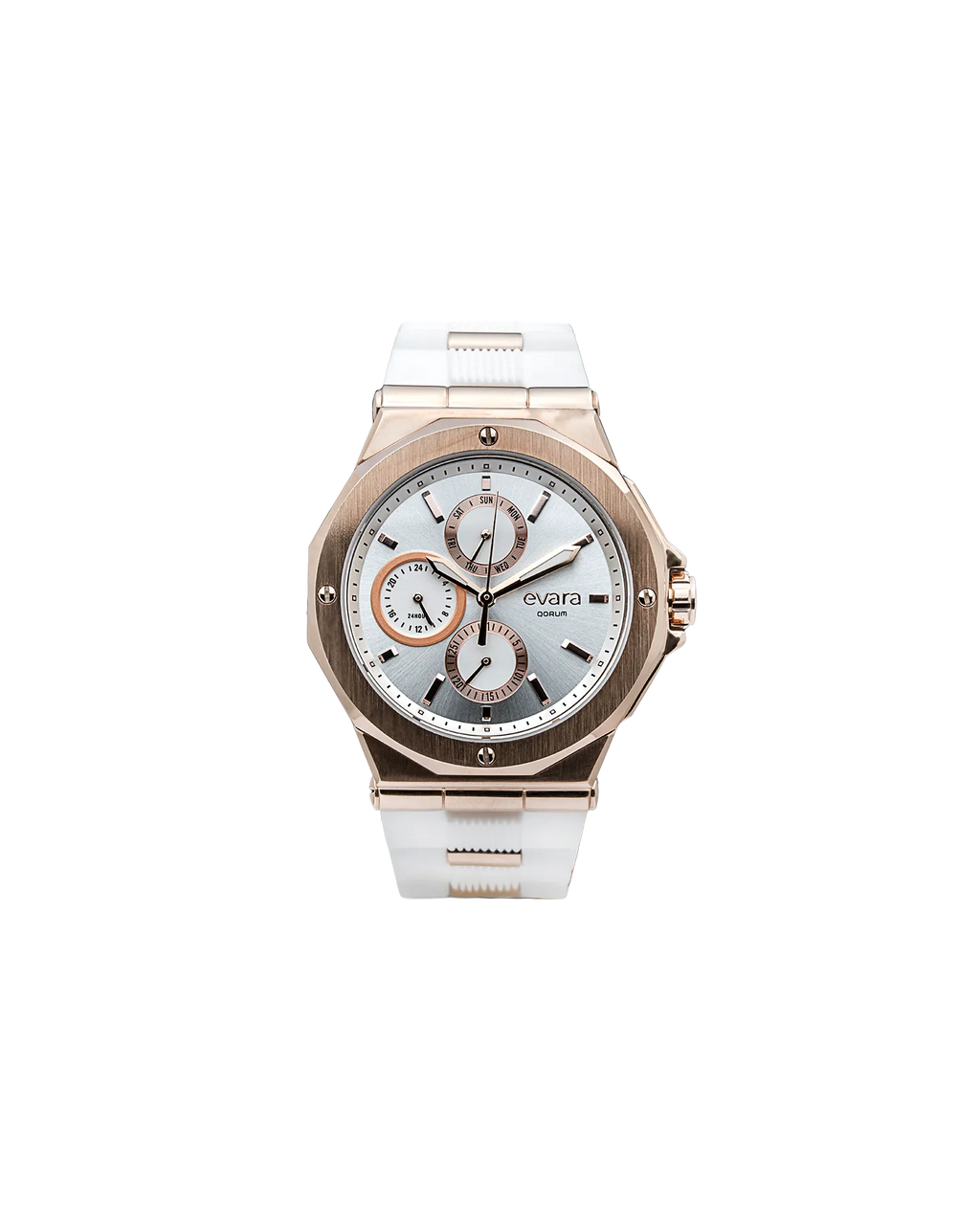 Qorum Evara Ladies Multi-function Watch - White Dial, Rose Gold plated Stainless Steel Case, White silicon strap