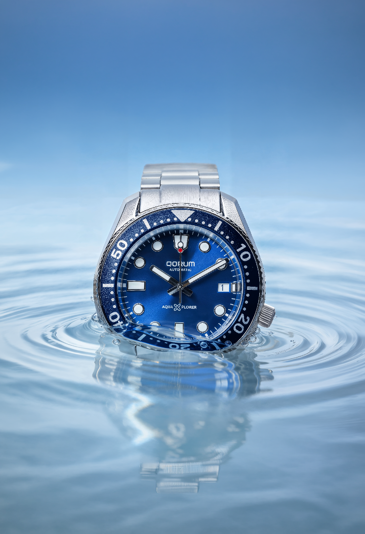 Qorum Aquaxplorer Men’s Automatic Watch – Royal Blue Dial, Date Display, Stainless Steel Strap