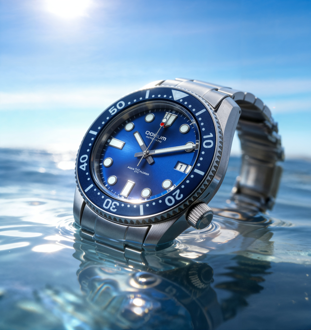 Qorum Aquaxplorer Men’s Automatic Watch – Royal Blue Dial, Date Display, Stainless Steel Strap