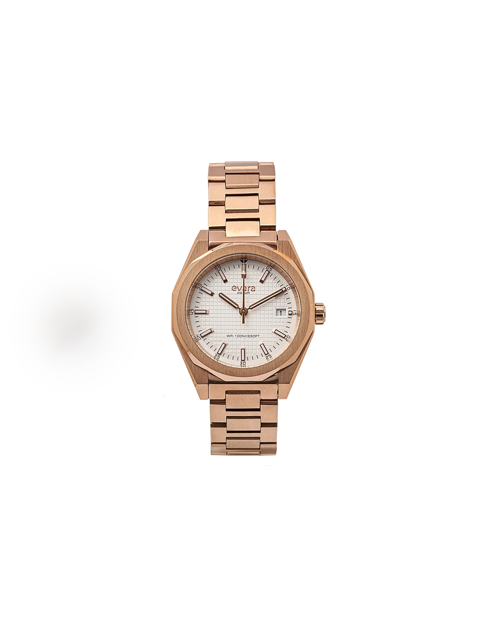 Qorum Evara Ladies Watch – White Dial, Date Display, Rose Gold Plated Stainless Steel Strap