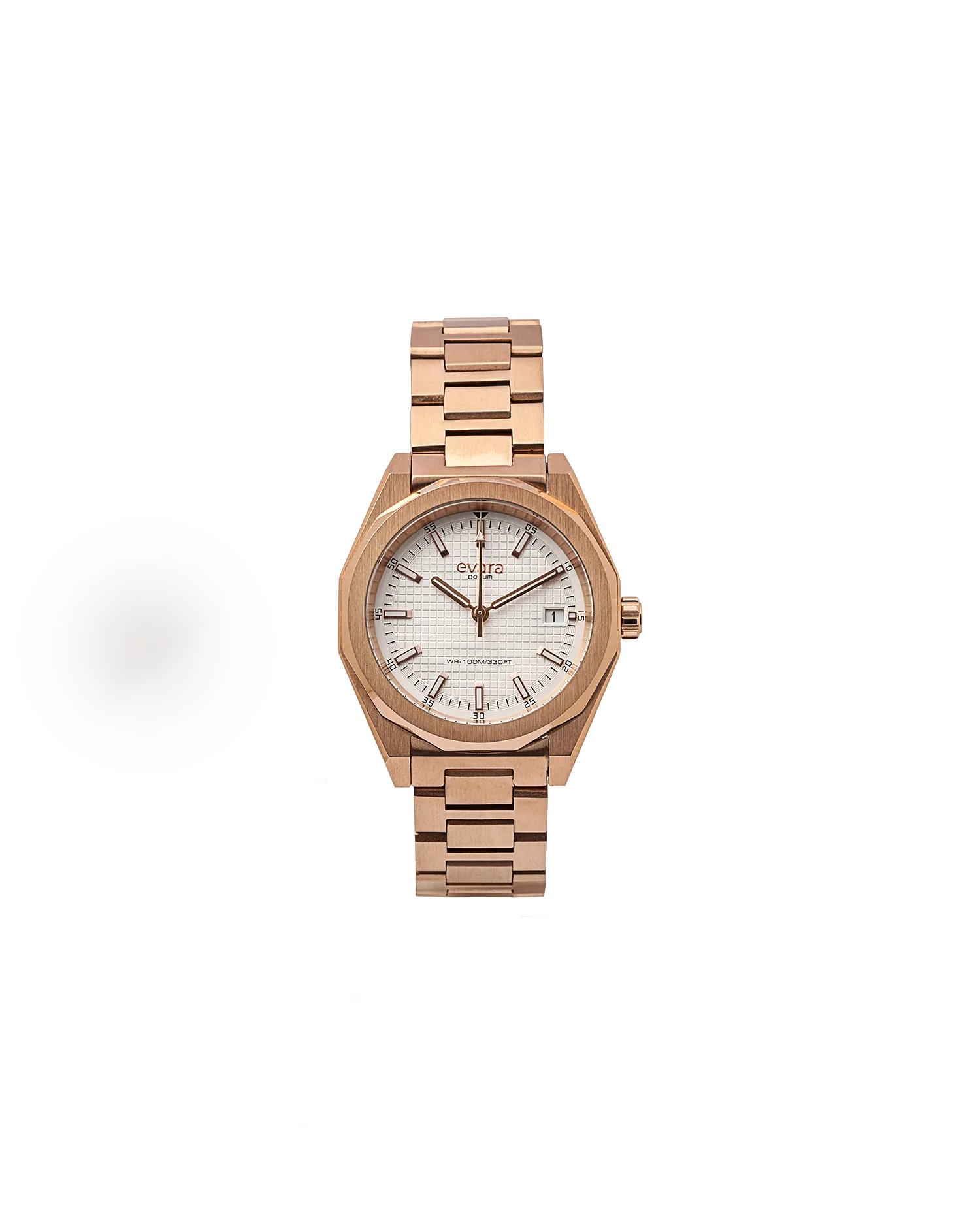 Qorum Evara Ladies Watch – White Dial, Date Display, Rose Gold Plated Stainless Steel Strap