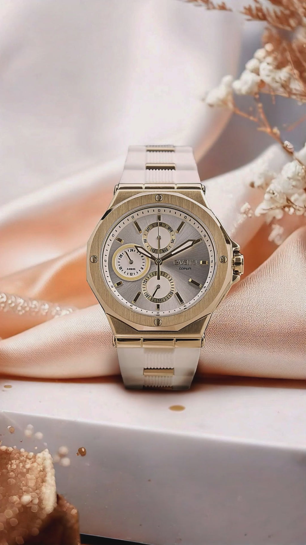 Qorum Evara Ladies Multi-function Watch - White Dial, Gold plated Stainless Steel Case, White silicon strap