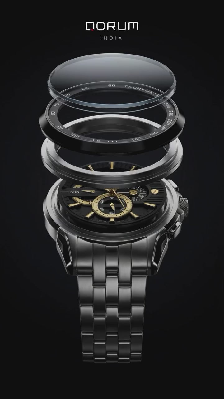 Qorum Kronos Men’s Chronograph Watch - Stainless Steel Case With Black Dial, Stainless Steel Strap