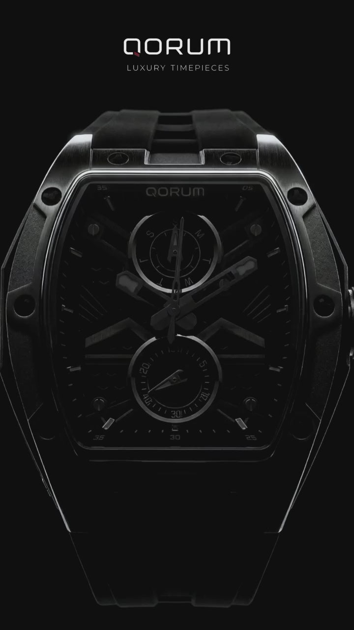 Qorum Equinox Men’s Multi-Function Skeleton Watch - Black Dial, Silver Detailing, Black Silicon strap