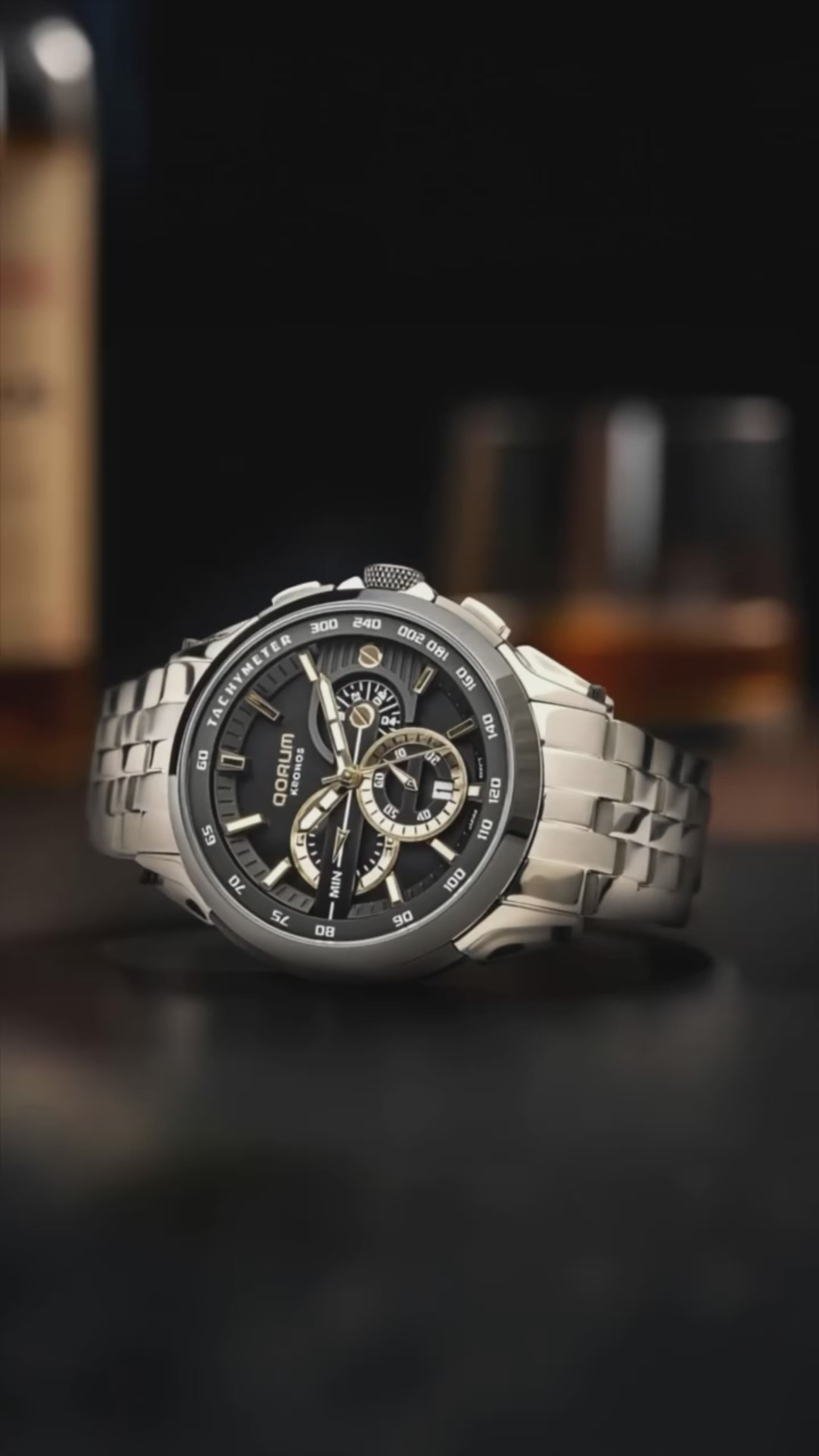 Qorum Kronos Men’s Chronograph Watch - Stainless Steel Case With Black Dial, Stainless Steel Strap