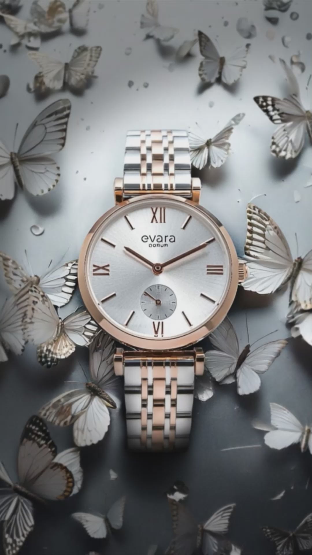 Qorum Evara Ladies Multi-function Watch - Silver Dial, Two-Tone Rose Gold plated Stainless Steel Strap