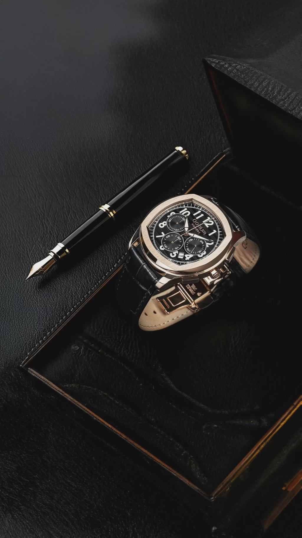 Qorum Kronos Men’s Chronograph Watch - Black Dial, Black genuine leather strap