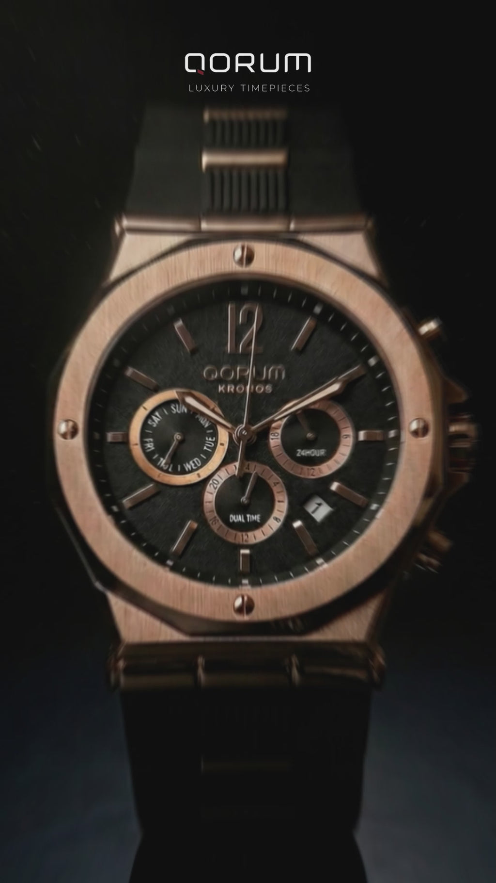 Qorum Kronos Men’s Chronograph Watch - Black Dial, Rose Gold plated Stainless Steel case, Black Silicon strap