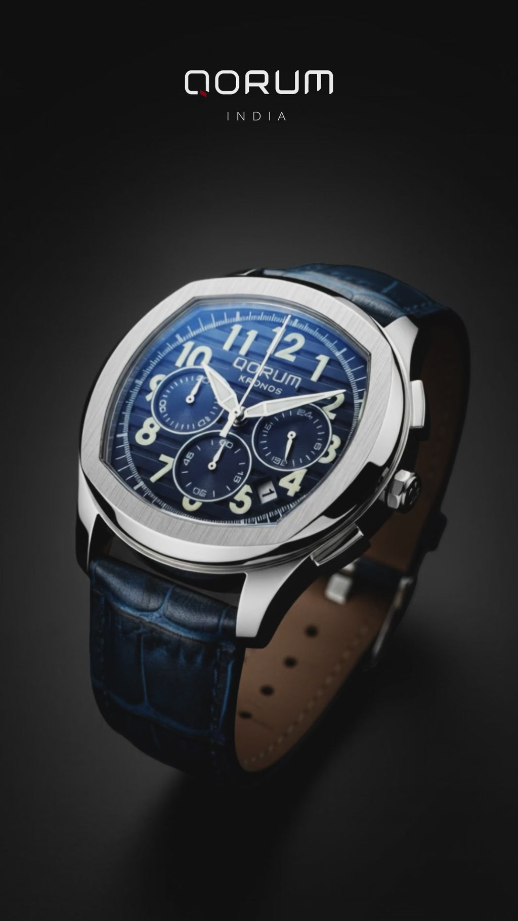 Qorum Kronos Men’s Chronograph Watch - Blue Dial, Blue genuine leather strap