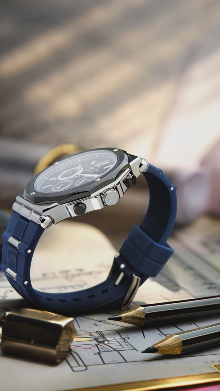 Qorum Kronos Men’s Chronograph Watch - Black Dial, Stainless Steel case, Black Silicon strap
