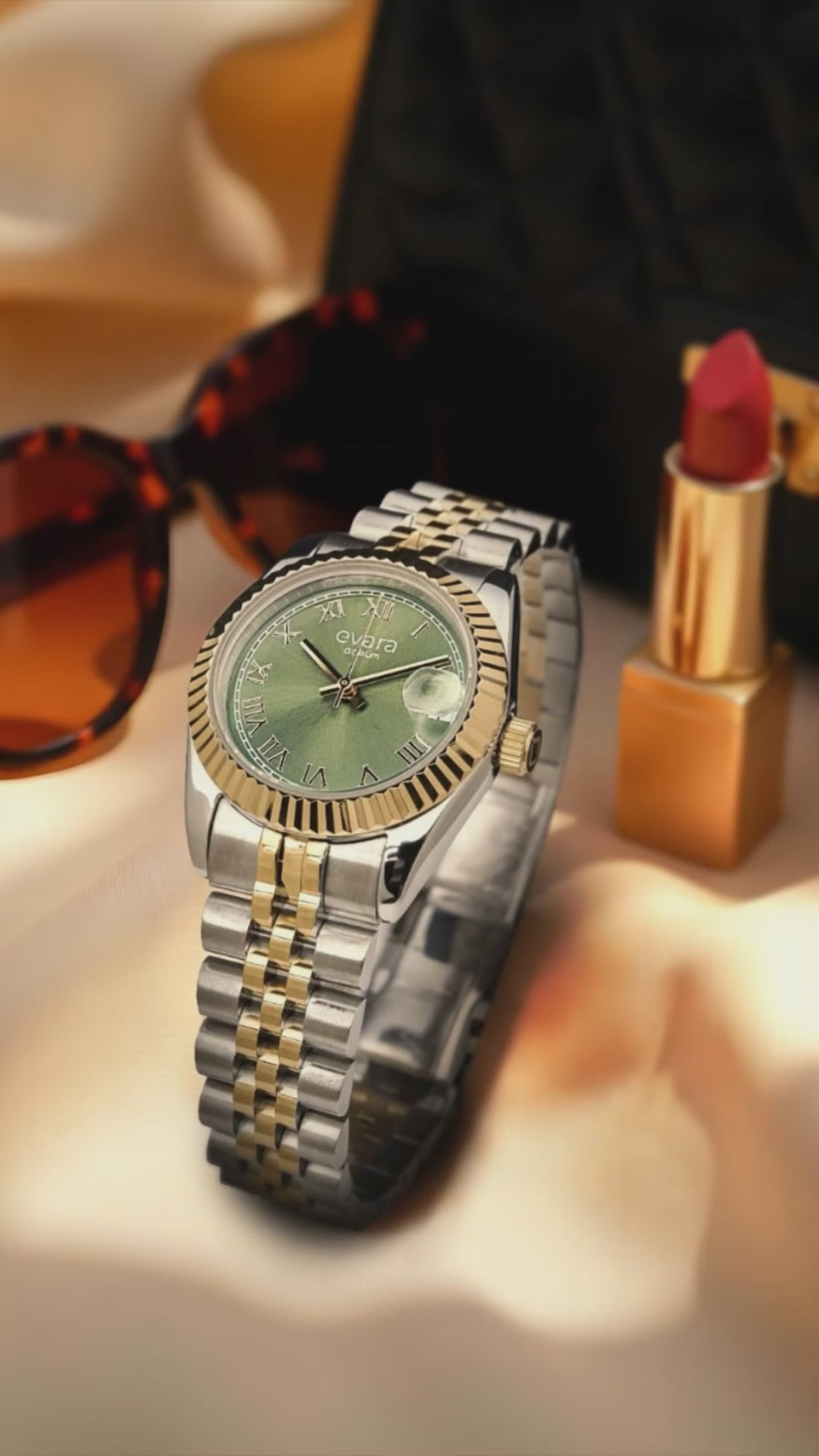 Qorum Evara -Ladies Watch: Two-Tone Gold plated Stainless Steel Case with Green dial