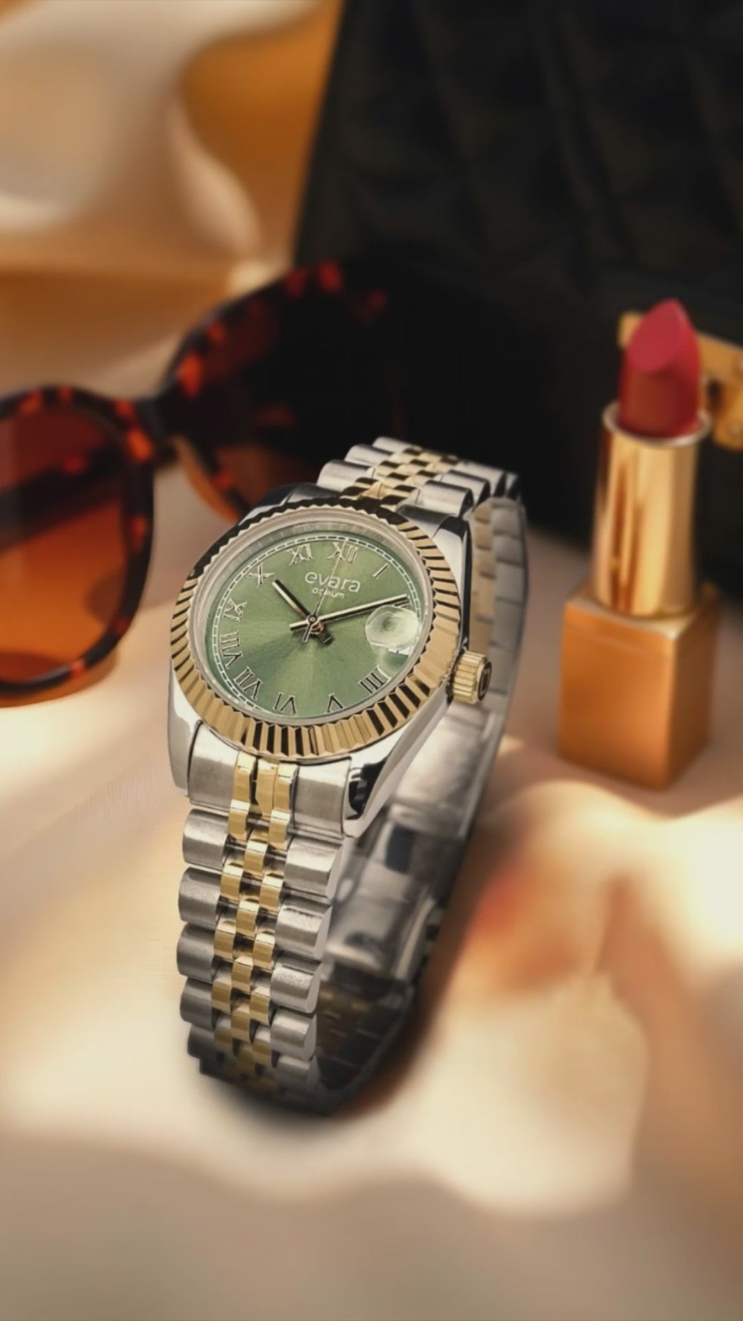 Qorum Evara -Ladies Watch: Two-Tone Gold plated Stainless Steel Case with Green dial