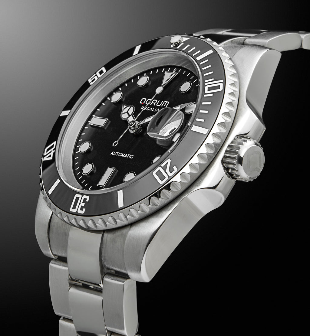 Qorum Regalia Men’s Automatic Watch - Black Dial, Black Bezel, Date Display, Stainless Steel Strap
