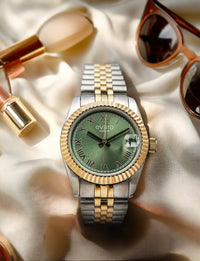 Qorum Evara -Ladies Watch: Two-Tone Gold plated Stainless Steel Case with Green dial