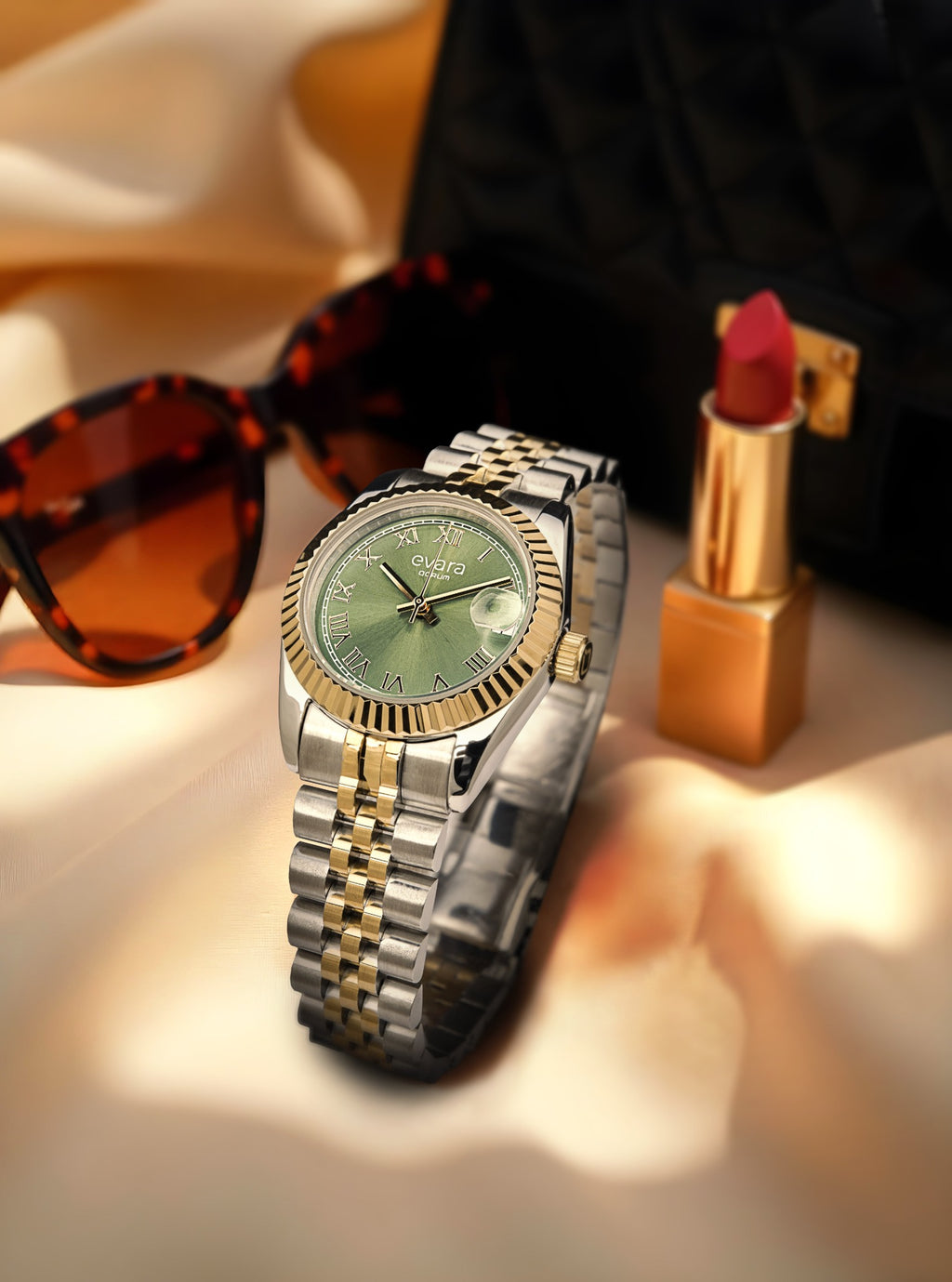 Qorum Evara -Ladies Watch: Two-Tone Gold plated Stainless Steel Case with Green dial