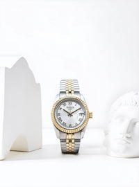 Qorum Evara - Ladies Watch: Two-Tone Gold plated Stainless Steel Case with Silver dial