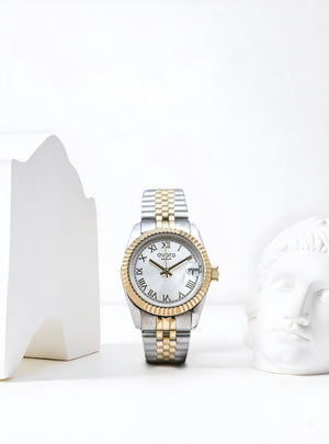 Qorum Evara - Ladies Watch: Two-Tone Gold plated Stainless Steel Case with Silver dial