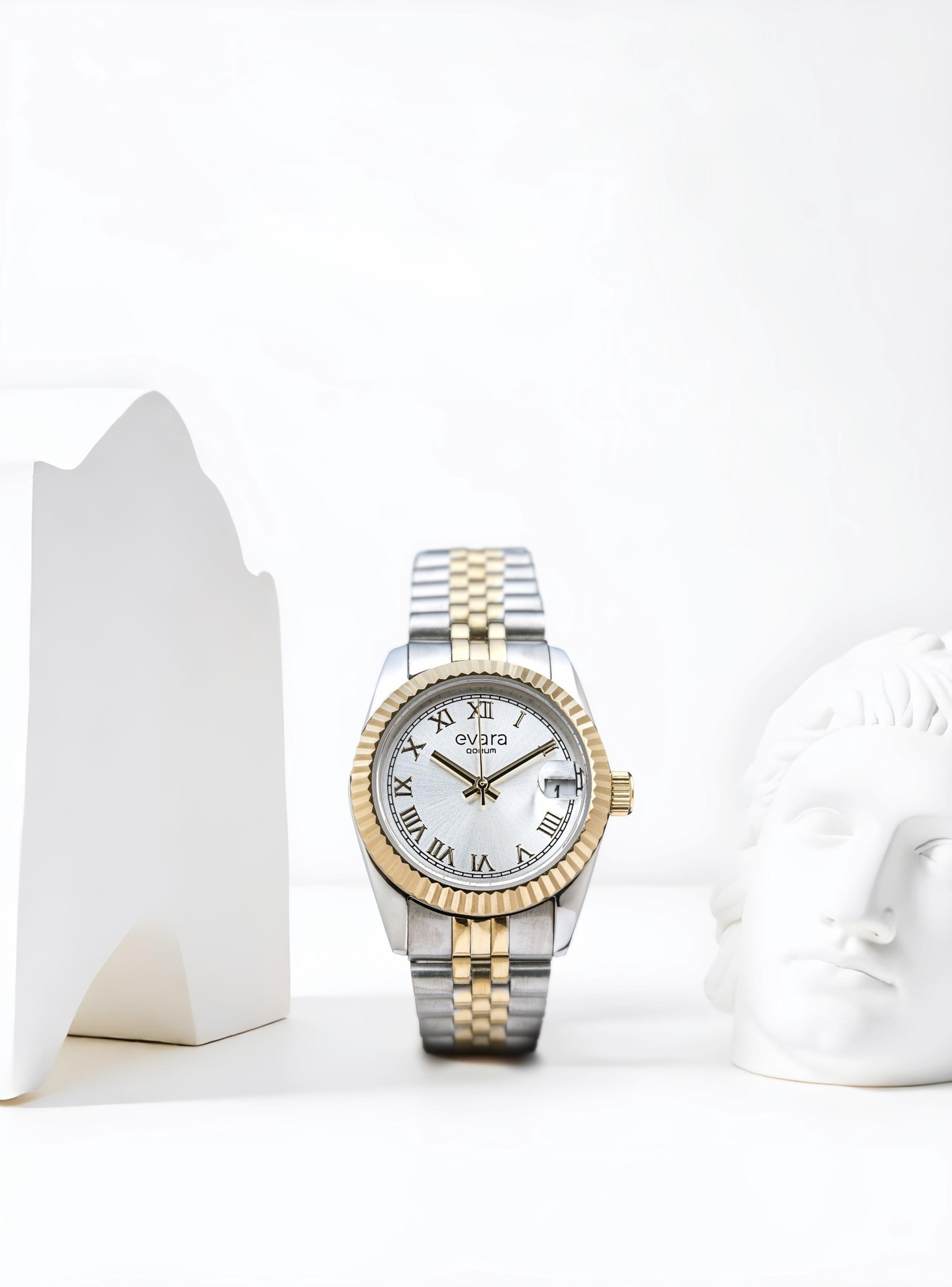 Qorum Evara - Ladies Watch: Two-Tone Gold plated Stainless Steel Case with Silver dial