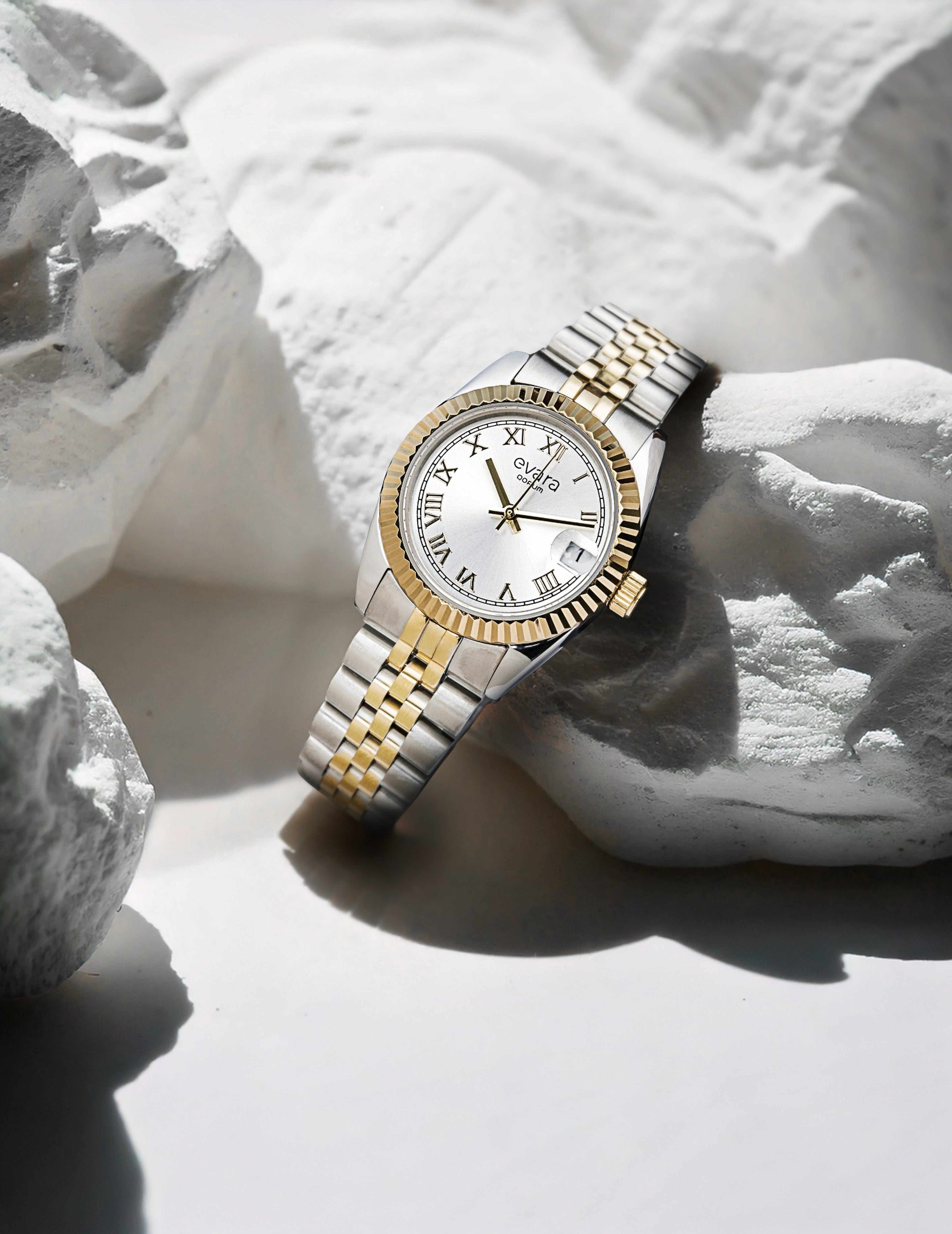 Qorum Evara - Ladies Watch: Two-Tone Gold plated Stainless Steel Case with Silver dial