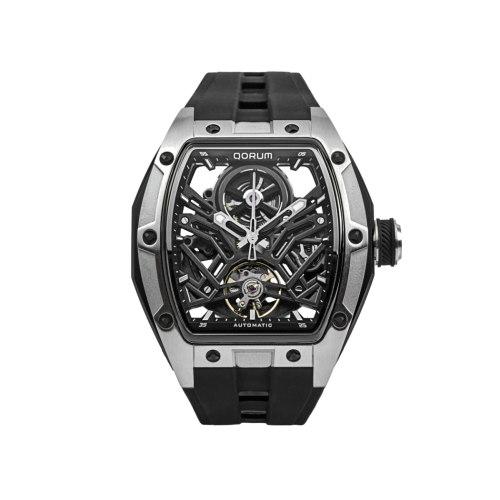 Qorum Equinox Men’s Automatic Skeleton Watch – Black Dial with Silver Detailing, Black silicon strap
