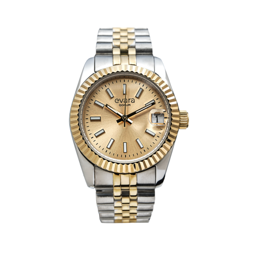 Qorum Evara Ladies Watch – Gold Dial, Date Display, Two-Tone Gold plated Stainless Steel Strap 